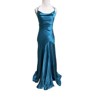 VTG BCBG MaxAzria Silk Slip Dress Bias Cut S Blue Fairy Cowl Neck Ethereal Strap